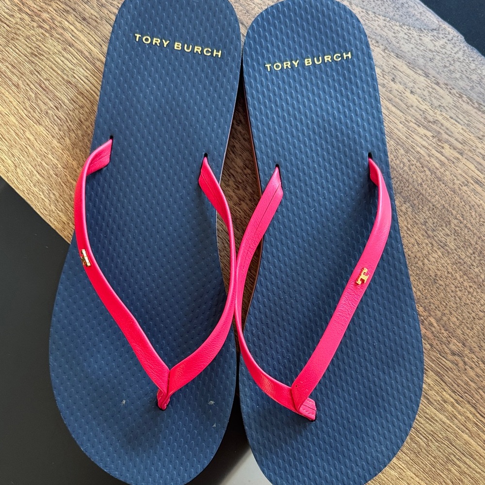 Tory Burch Navy Blue and Pink Flip Flops